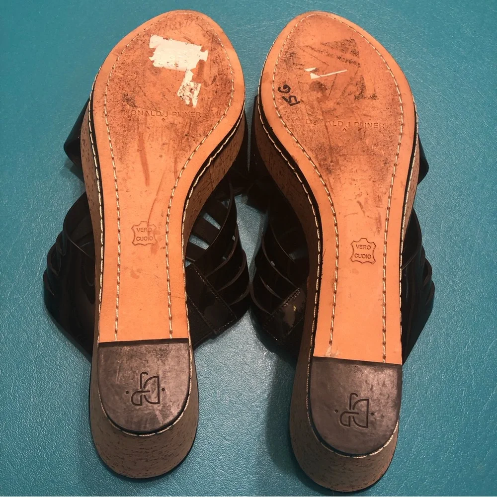 Donald J. Pliner Black Woven Leather Cork Wedge Sandals